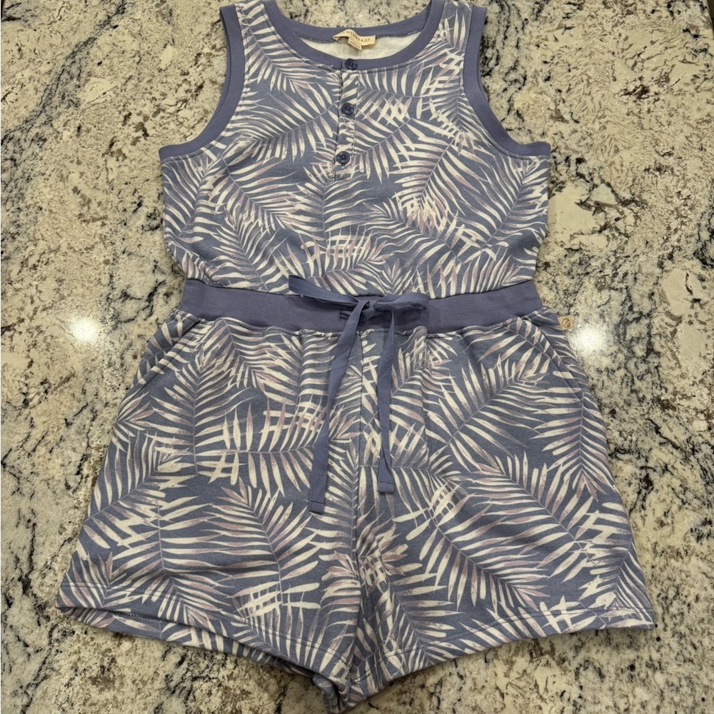 Ecothreads Palm Print Romper Periwinkle Blue Tropical Tie Waist - Picture 9 of 10